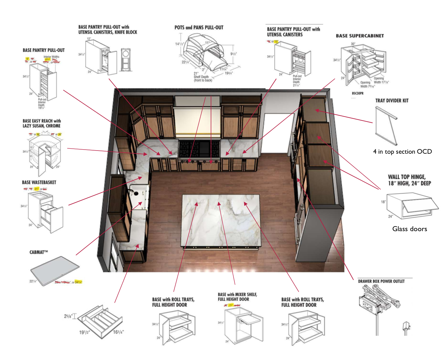 Kitchen storage features labeled in a Raleigh kitchen design by Blue Ribbon Residential Construction, including base pantry pull-outs, pots and pans pull-out, base supercabinet, lazy Susan, tray divider kit, roll-out trays and mixer shelf.